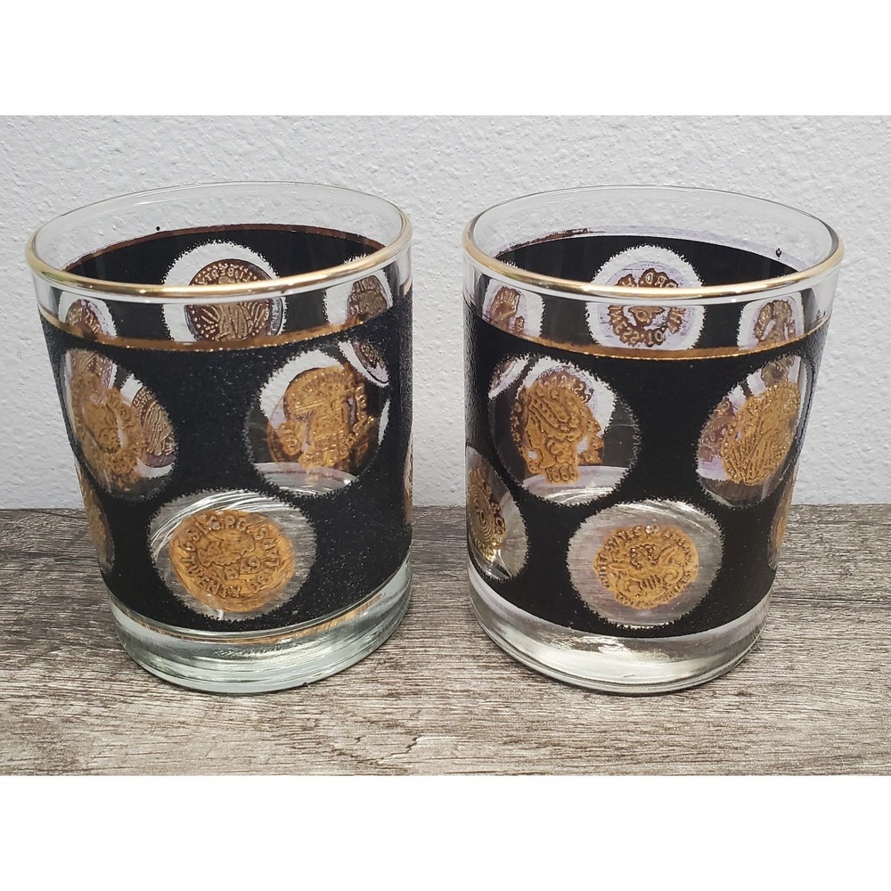 Set of 2 Vintage 1960s Libbey Textured Black & Gold Coin Low Ball Glasses